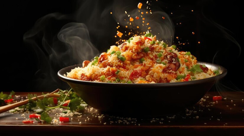 fried-rice-with-chopped-vegetables-meat-plate-with-blurry-background_358001-17436